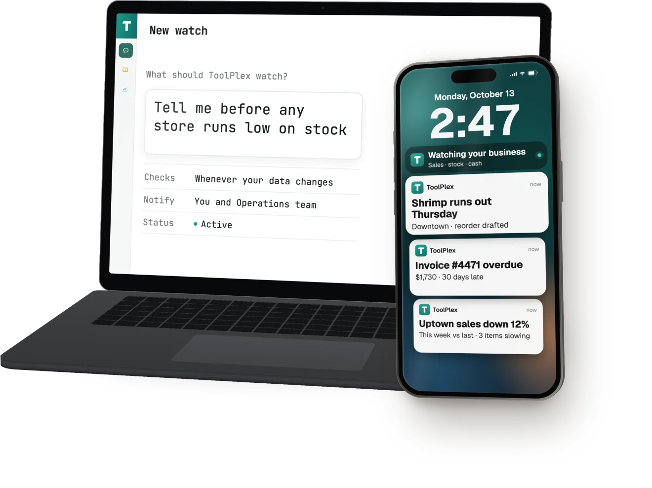 A watch rule set in ToolPlex on the laptop, with sales, stock and cash alerts on the phone
