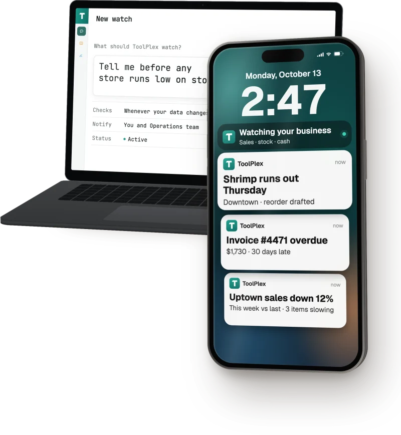 A watch rule set in ToolPlex on the laptop, with sales, stock and cash alerts on the phone